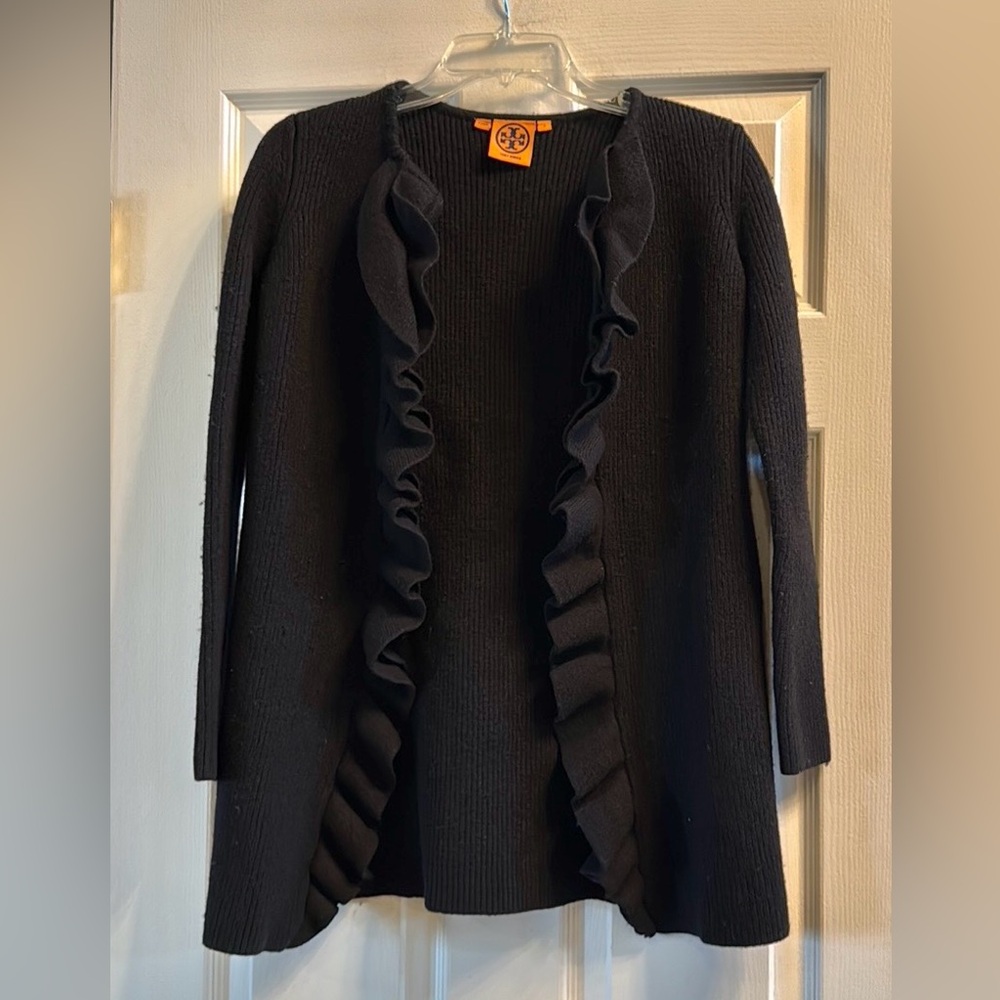 Tory Birch Women’s Black Long Knit Cardigan sweater one-button long slv ruffle